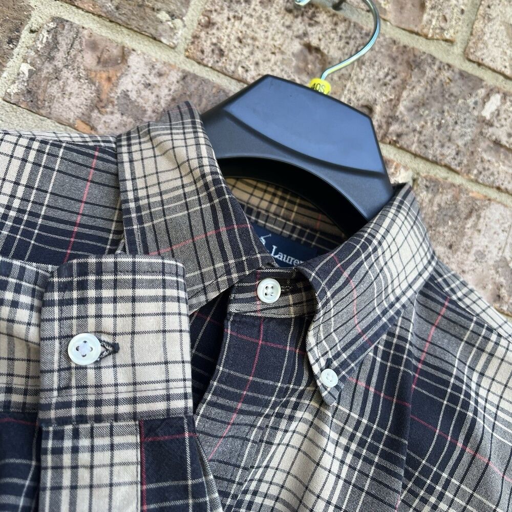 Vintage Ralph Lauren Blake Button Down Shirt Mens XL Black BeigeCotton Pony Logo